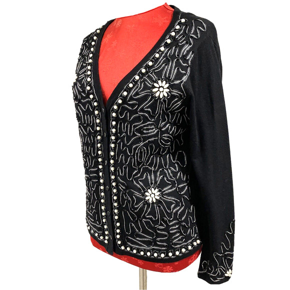 Black cardigan sweater lace applique pearl beadwork embellishment dressy size M - Picture 10 of 10
